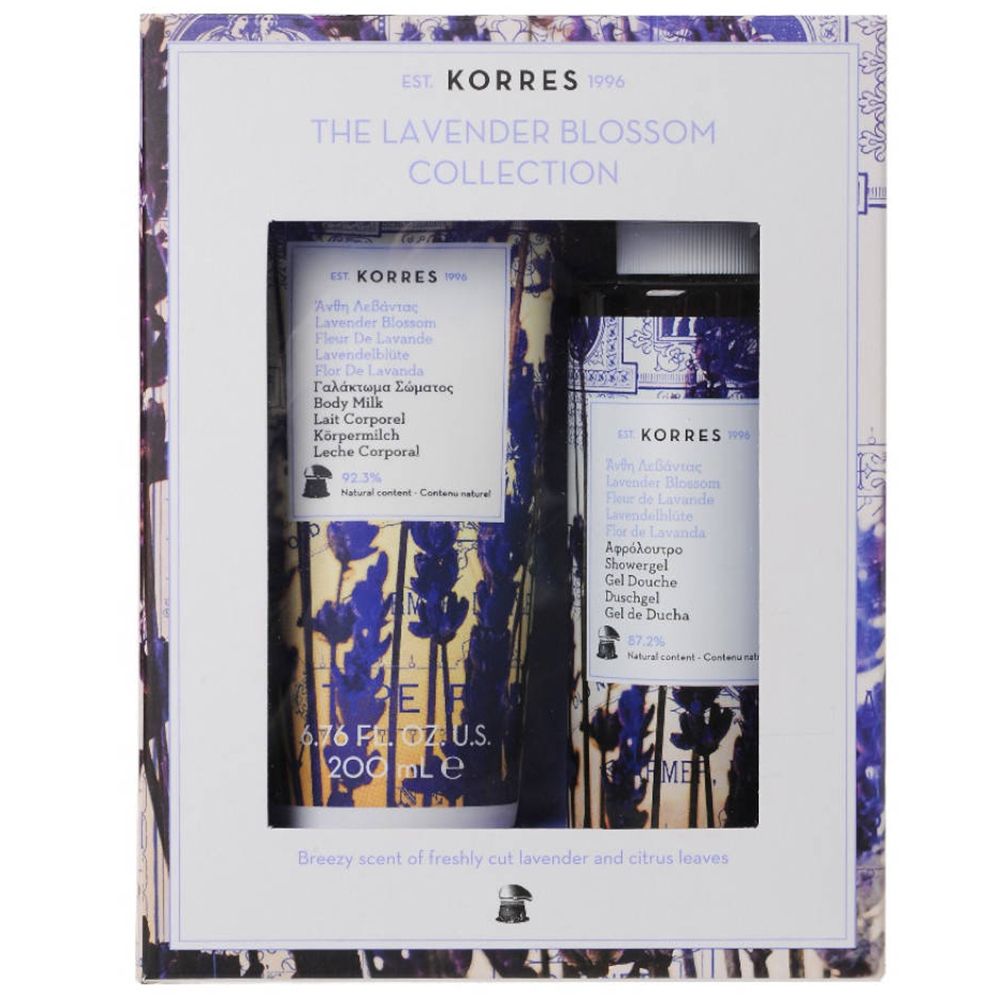 KORRES Lavendel Blumenkasten geschenkset. Bevat body milk en douchegel. Verpakking met lavendelmotief en productnamen.