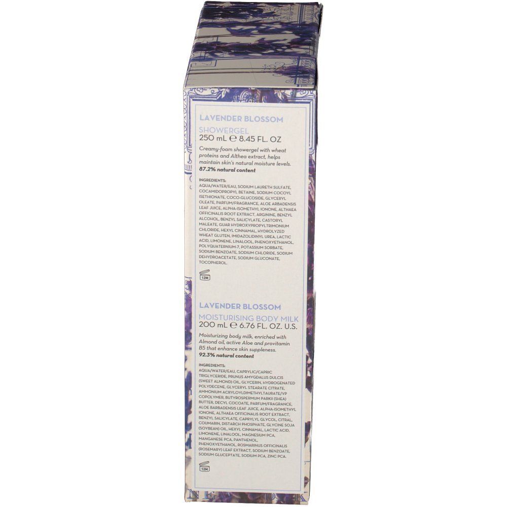 Zijkant van de KORRES Lavendel Blumenkasten verpakking. Tekst met productinformatie, ingrediënten en volume-aanduidingen.