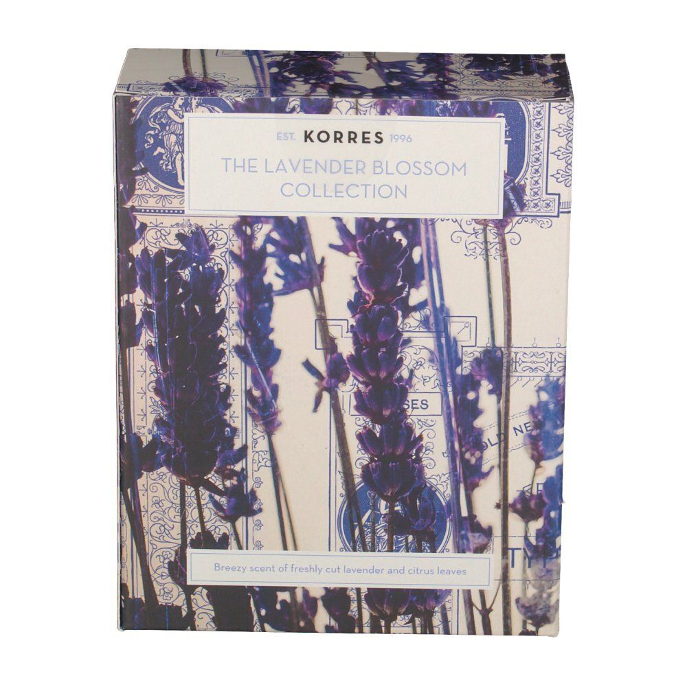 KORRES Lavendel Blumenkasten geschenkdoos. Voorkant met lavendelmotief en productnamen. Tekst: 'The Lavender Blossom Collection'.