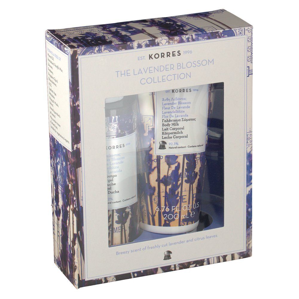 KORRES Lavendel Blumenkasten geschenkset. Bevat body milk en douchegel. Verpakking met lavendelmotief en productnamen.