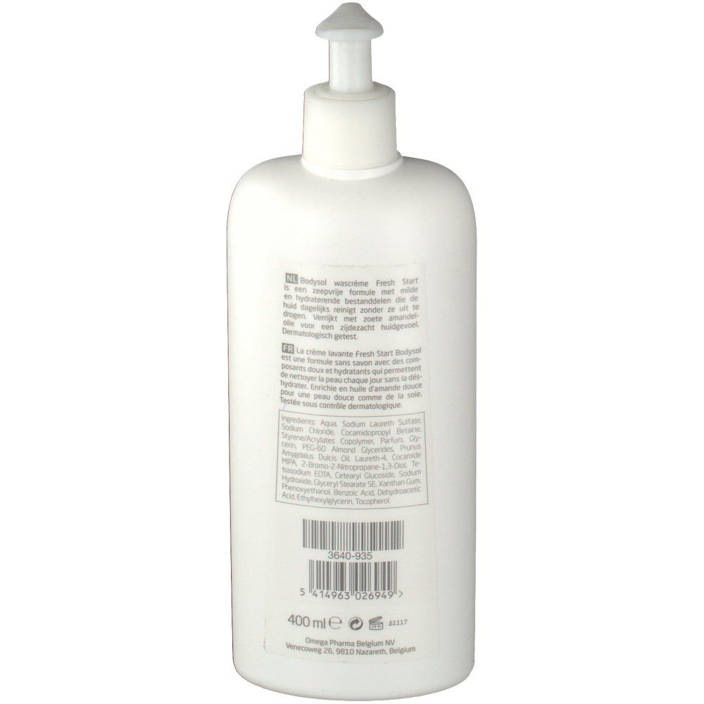 Dos du flacon blanc. Texte multilingue. Ingrédients, informations fabricant, 400 ml.