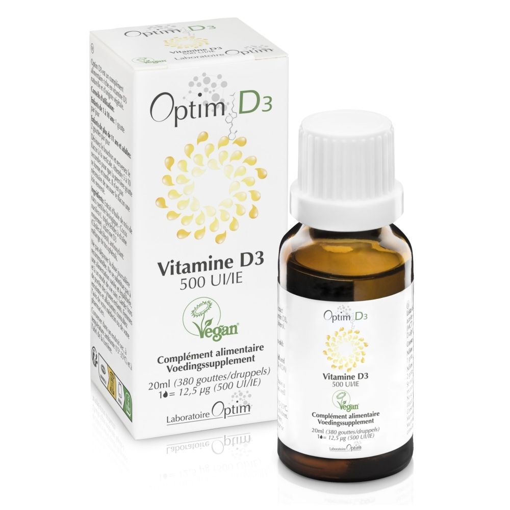 Optim D3 druppelflesje met witte dop. Bruine fles met etiket.