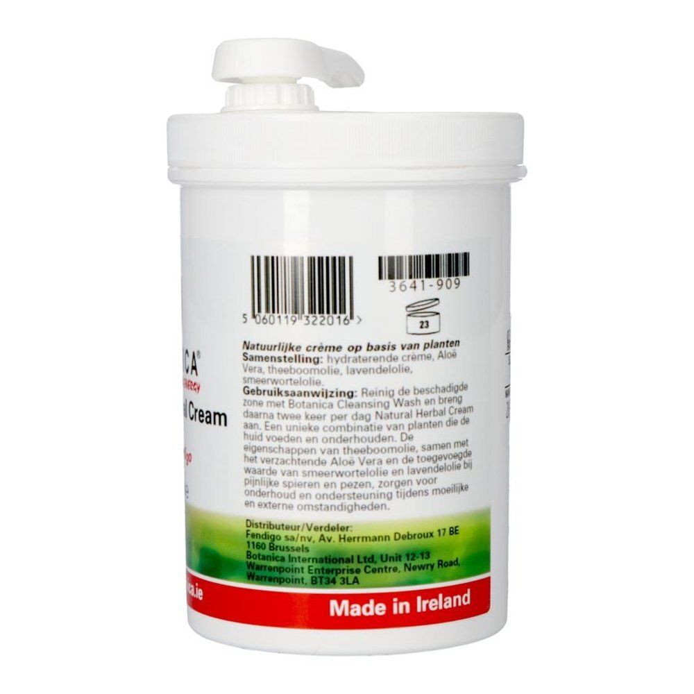 Pot blanc de Botanica Natural Herbal Cream. Dos avec texte en néerlandais. Pompe doseuse.