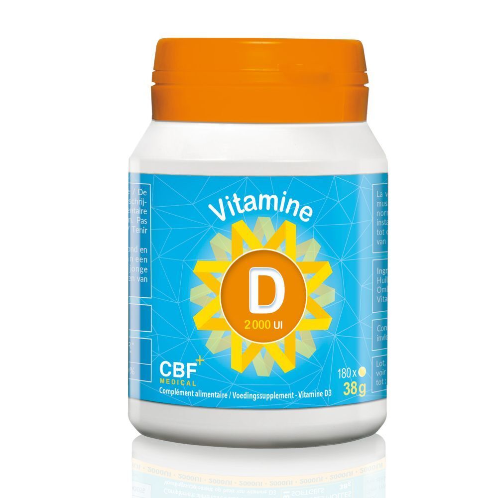 Witte fles met oranje dop. Opschrift: Vitamine D 2000 UI. Merk CBF Medical. 180x 38g.