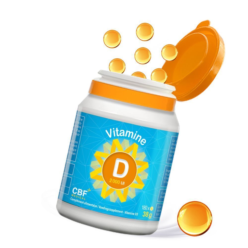 Fles met oranje dop, open. Gele capsules vallen eruit. Opschrift: Vitamine D 2000 UI.