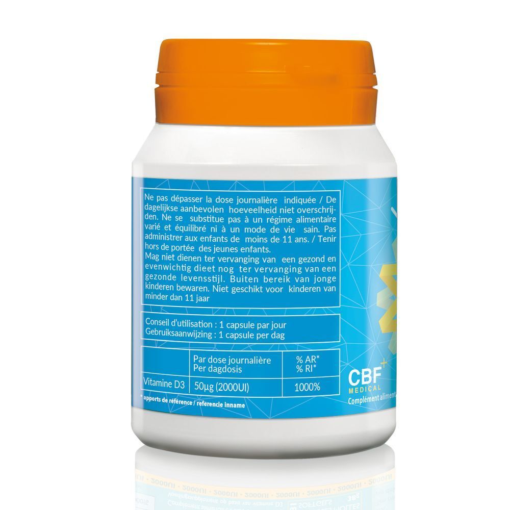 Dos du flacon blanc. Texte multilingue. Contient des informations sur le dosage et les ingrédients.