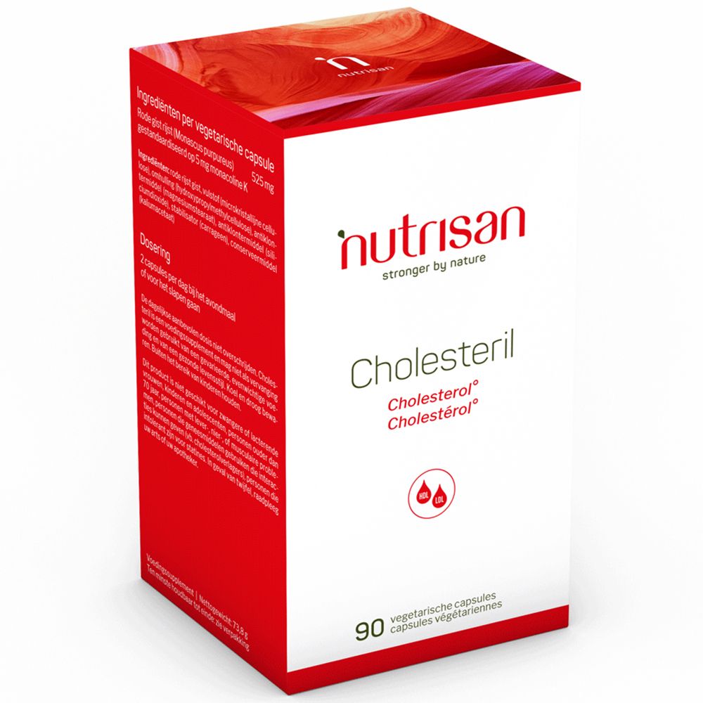 Rode en witte doos Nutrisan Cholesteril. Bevat 90 capsules. Tekst: Cholesteril, 525mg.