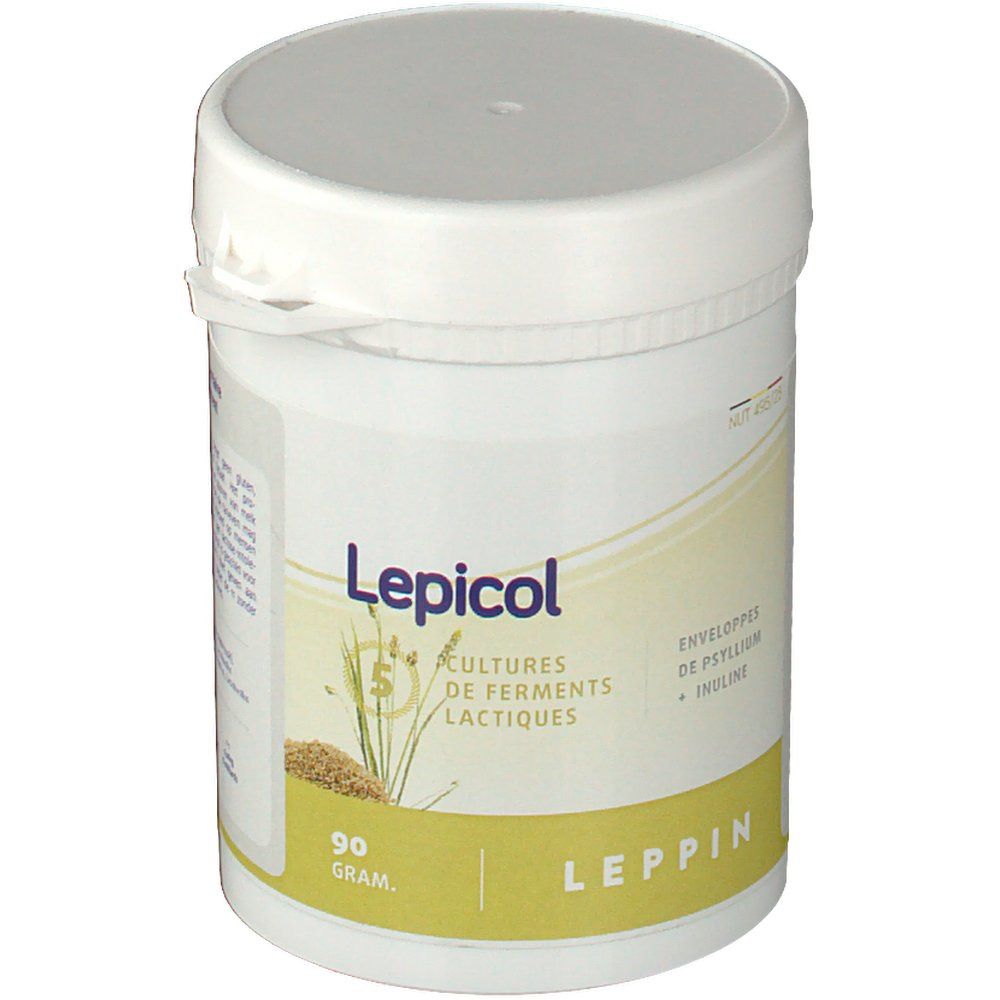 Pot blanc avec couvercle. Inscription Lepicol, cultures, 90 grammes. Bande jaune avec texte et logo.