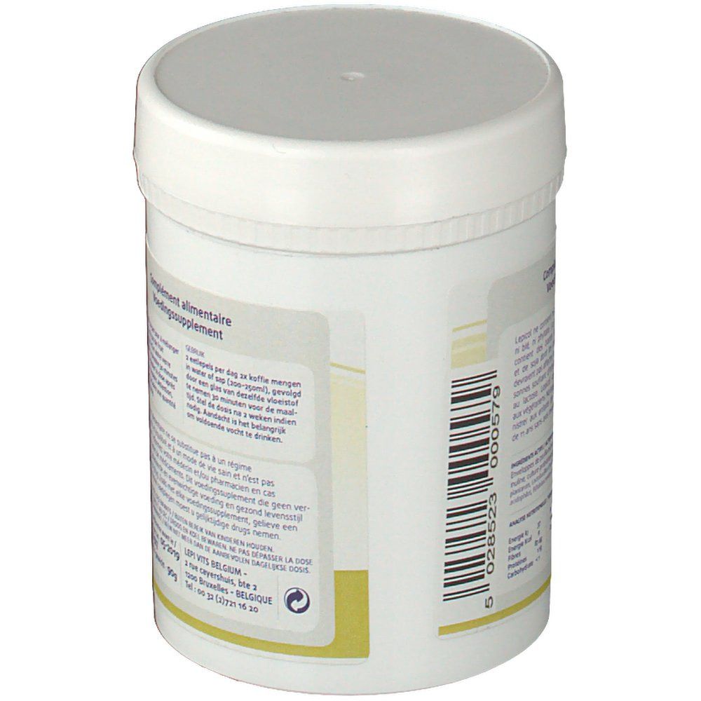 Pot blanc avec couvercle. Autocollant avec texte. Code-barres et texte. Inscription: complément alimentaire, Voedingssupplement.