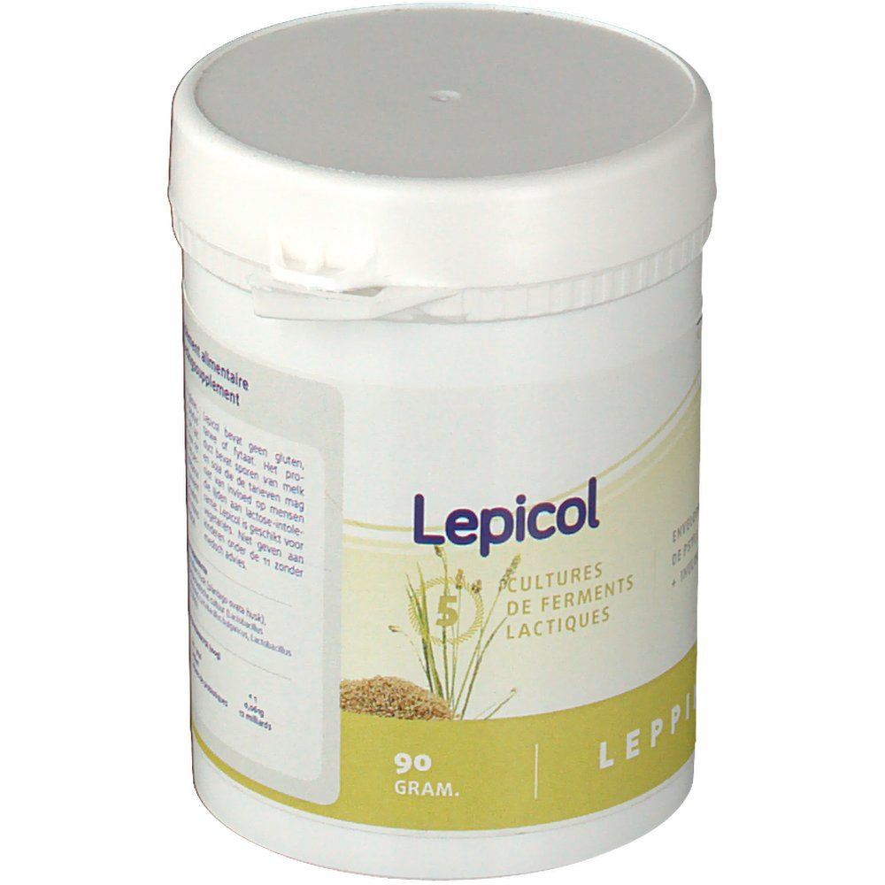 Pot blanc avec couvercle. Inscription Lepicol, cultures, 90 grammes. Bande jaune avec texte et logo.