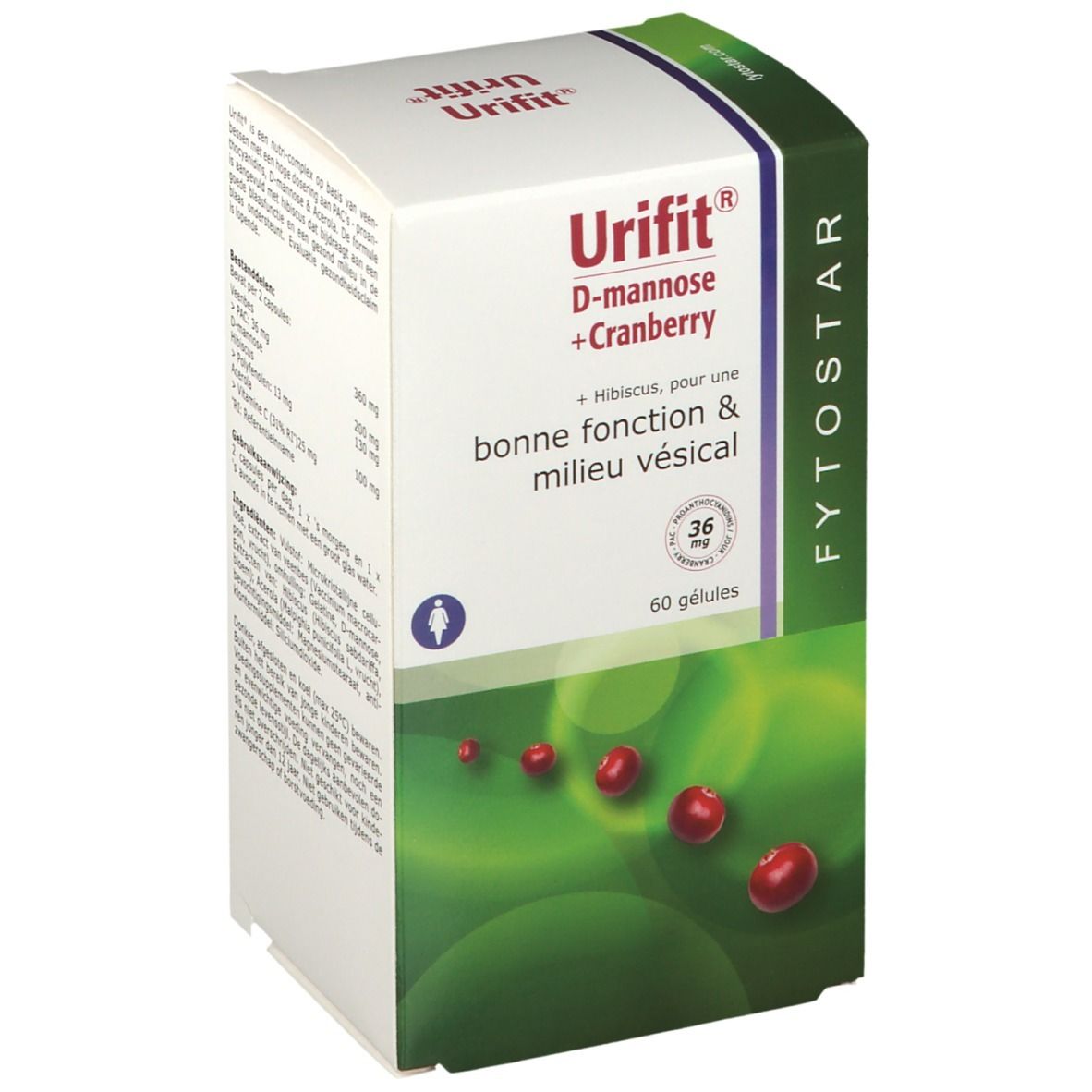 Boîte de gélules FYTOSTAR Urifit®. Inscription: D-mannose + cranberry. 60 gélules. Emballage vert et blanc avec illustration de canneberges.