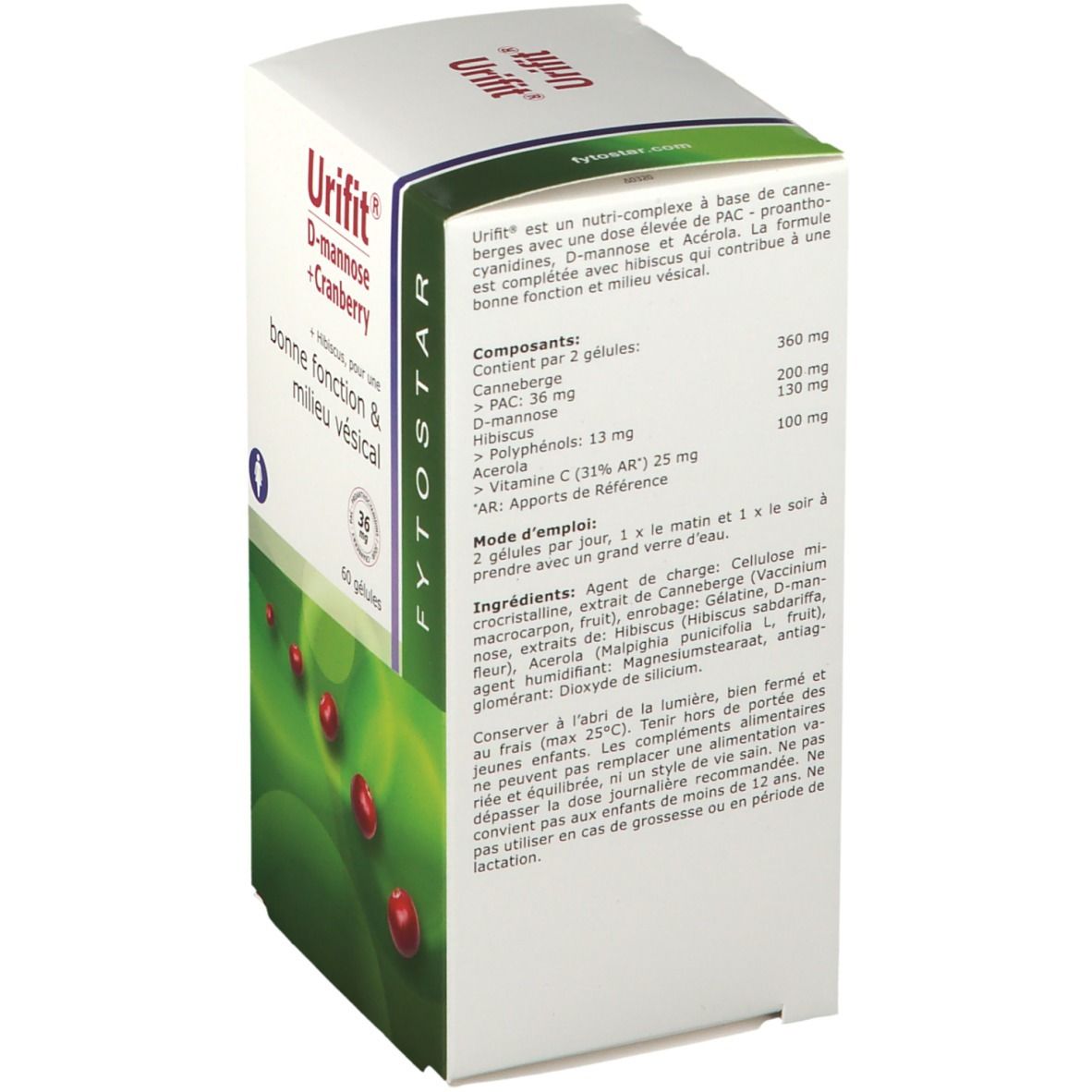 Dos de l'emballage FYTOSTAR Urifit®. Contient des informations sur les ingrédients, le dosage et le mode d'emploi. Texte en français.