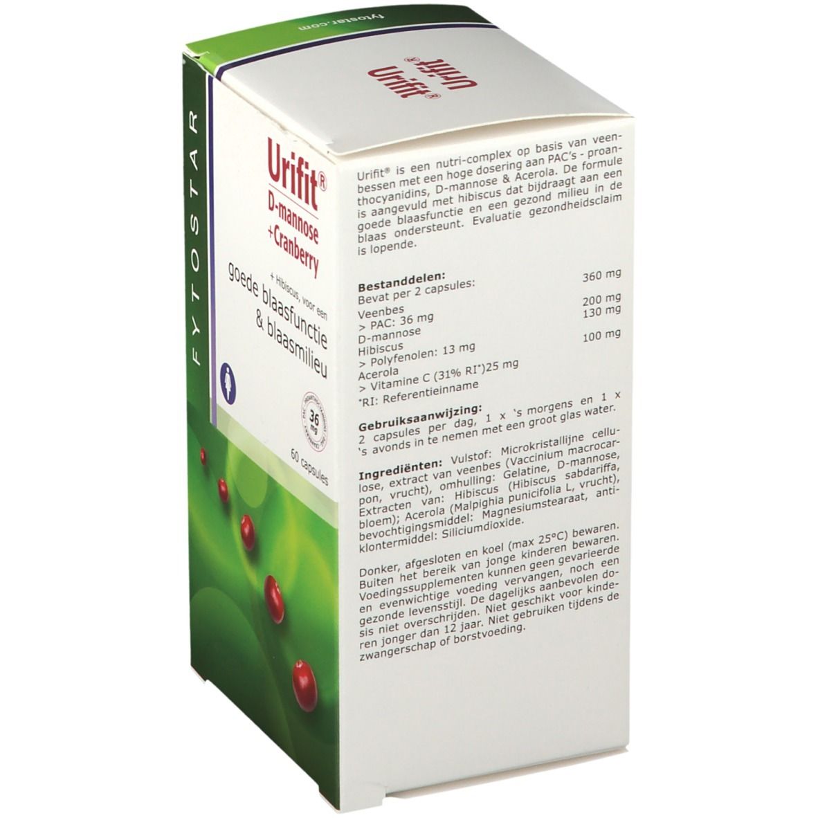 Dos de l'emballage FYTOSTAR Urifit®. Contient des informations sur les ingrédients, le dosage et le mode d'emploi. Texte en néerlandais.