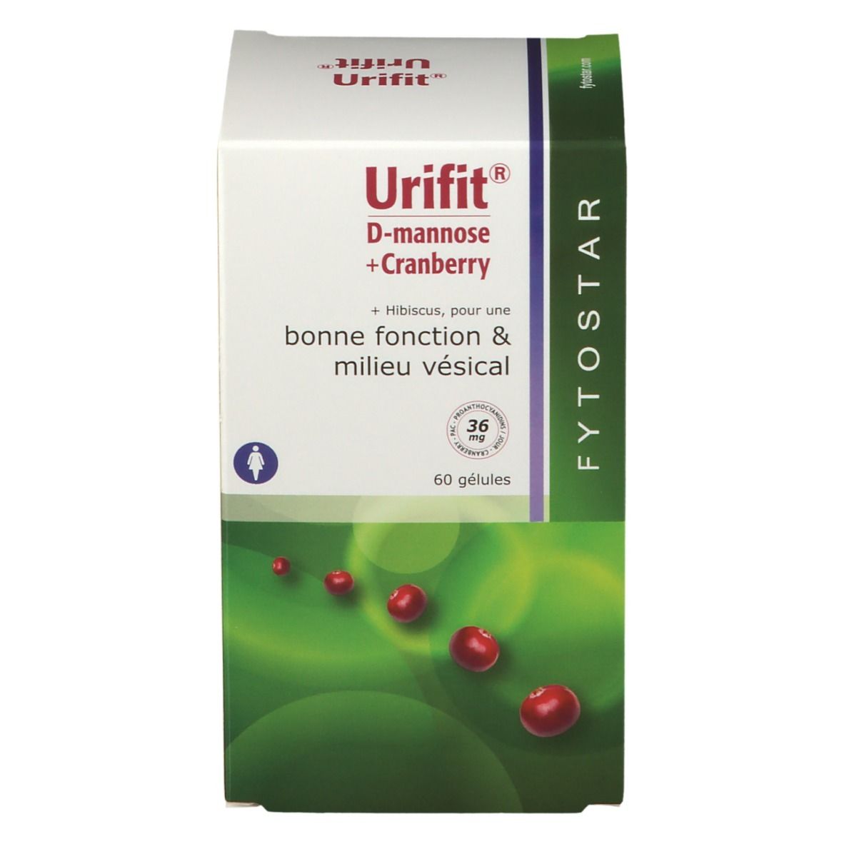 Boîte de gélules FYTOSTAR Urifit®. Inscription: D-mannose + cranberry. 60 gélules. Emballage vert et blanc avec illustration de canneberges.