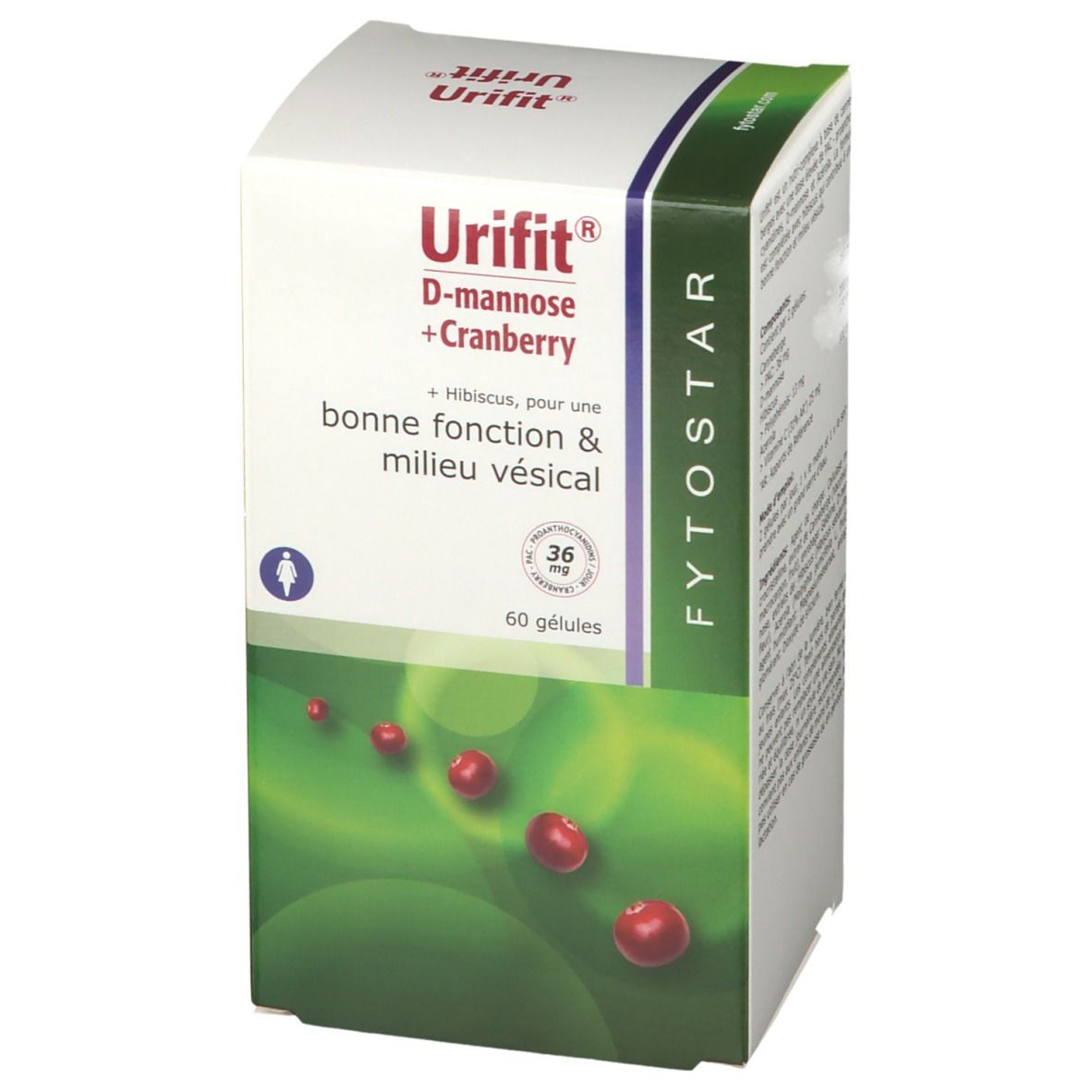 Boîte de gélules FYTOSTAR Urifit®. Inscription: D-mannose + cranberry. 60 gélules. Emballage vert et blanc avec illustration de canneberges.
