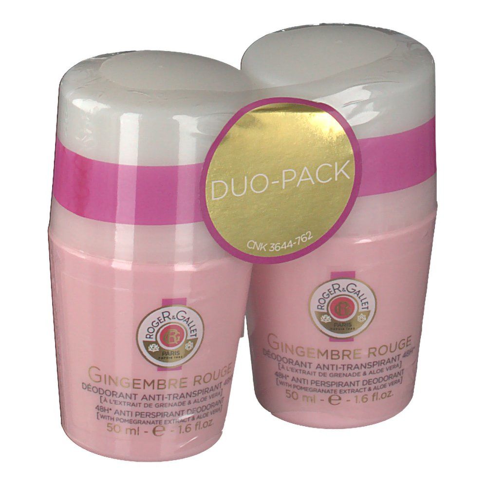 Twee roze deodorant roll-ons in duoverpakking. Witte dop, roze band. Opschrift: Gingembre Rouge, Anti-Transpirant.