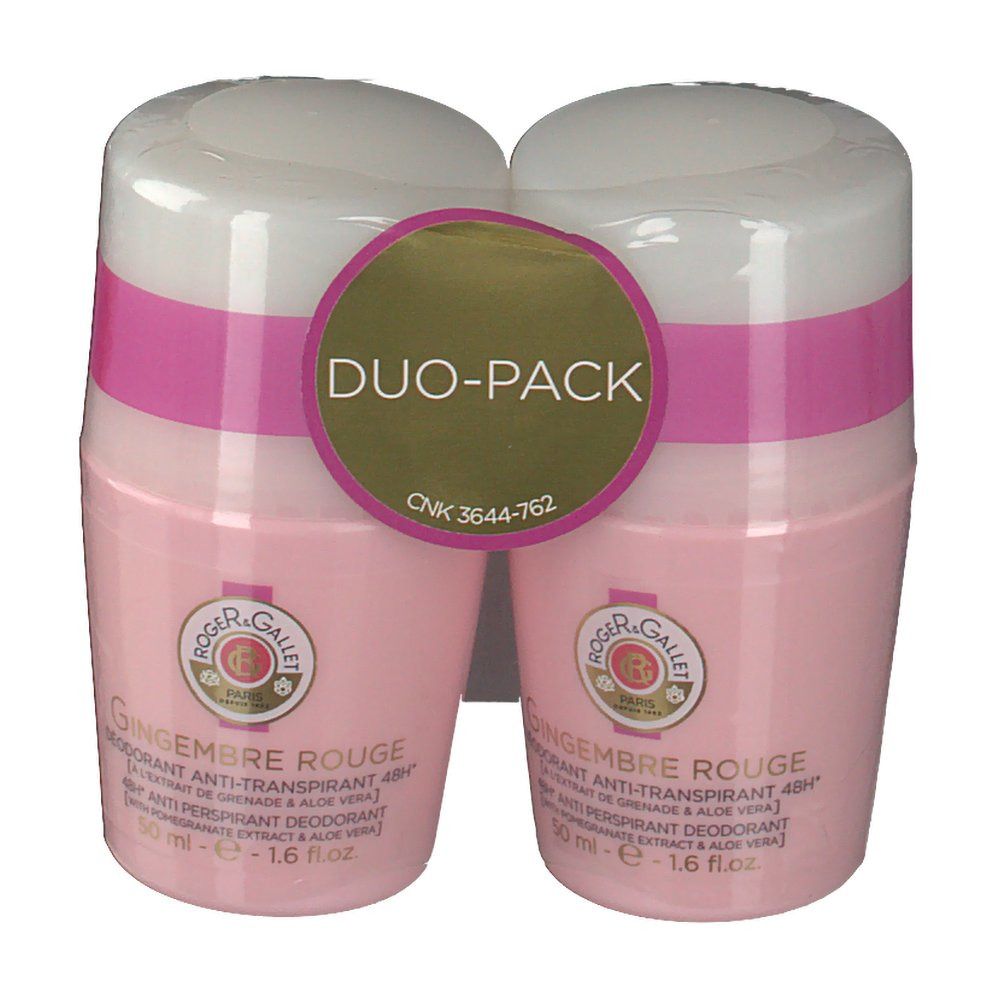 Twee roze deodorant roll-ons in duoverpakking. Witte dop, roze band. Opschrift: Gingembre Rouge, Anti-Transpirant.