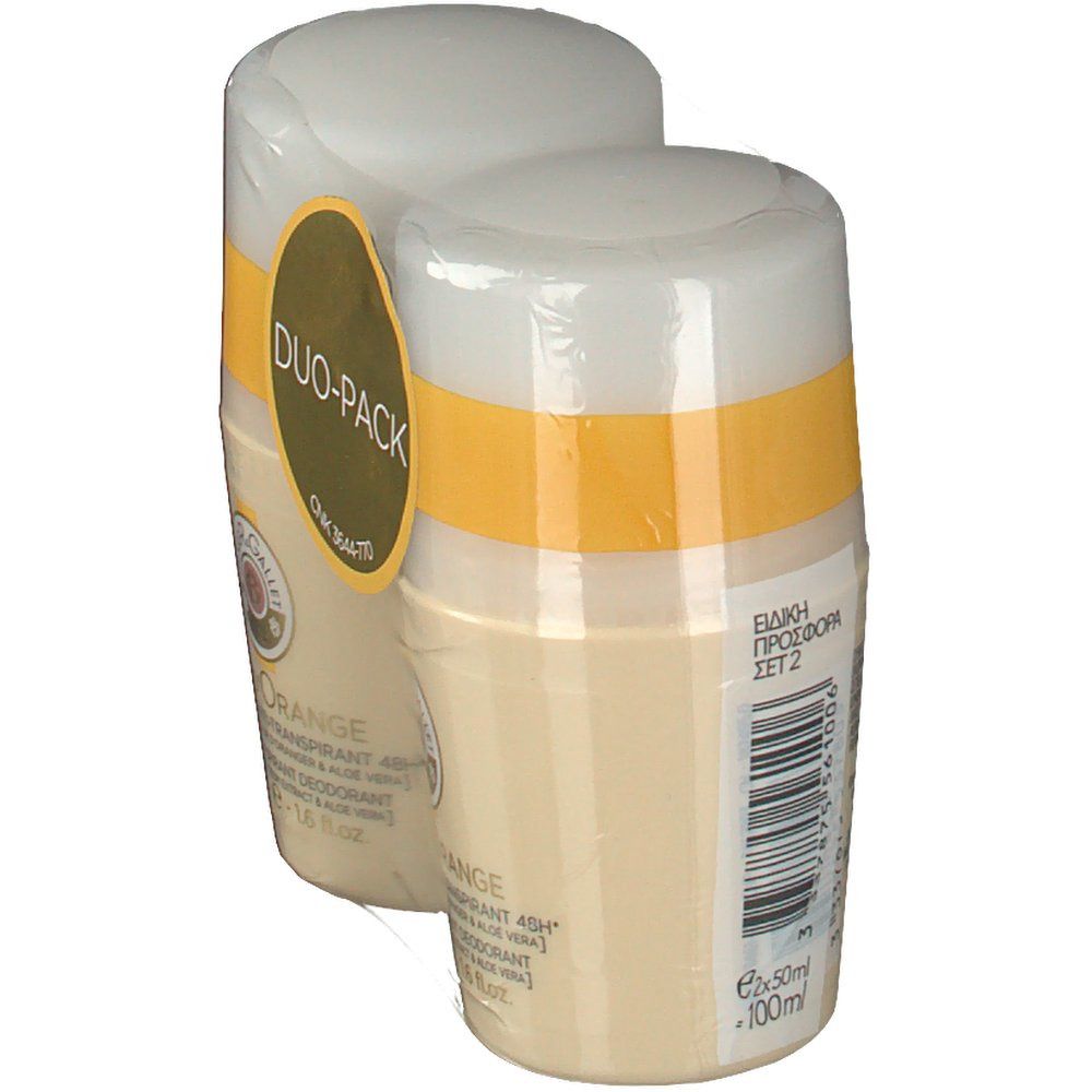 Duo-verpakking van roll-on deodorants. Beige flacons met witte doppen en gele band. Opschrift: Roger & Gallet Bois D'Orange. Duo-Pack verpakking.