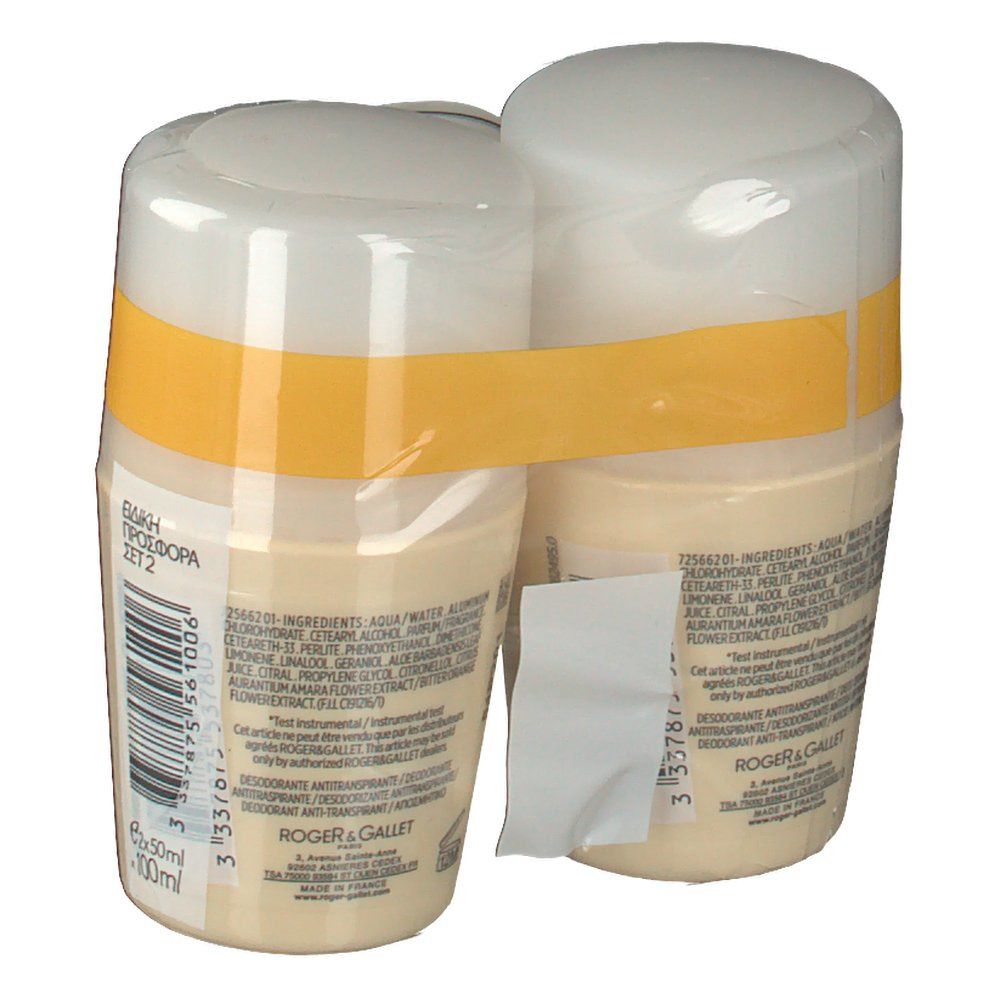 Duo-verpakking van roll-on deodorants. Beige flacons met witte doppen en gele band. Opschrift: Roger & Gallet Bois D'Orange. Duo-Pack verpakking.