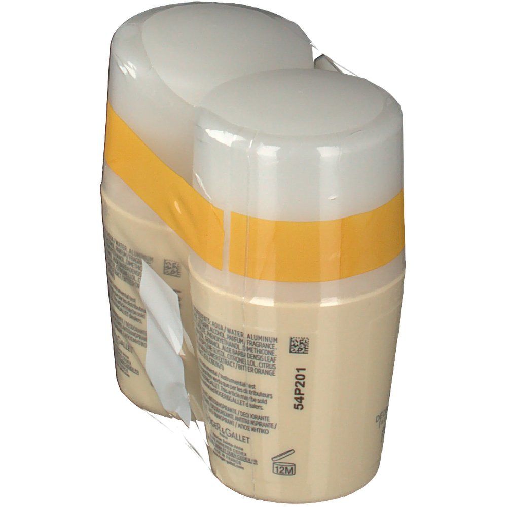 Duo-verpakking van roll-on deodorants. Beige flacons met witte doppen en gele band. Opschrift: Roger & Gallet Bois D'Orange. Duo-Pack verpakking.