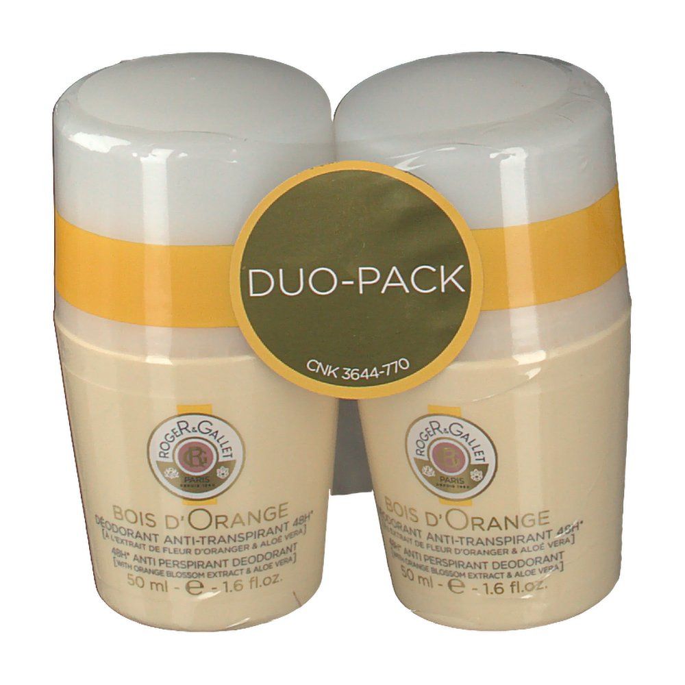Duo-verpakking van roll-on deodorants. Beige flacons met witte doppen en gele band. Opschrift: Roger & Gallet Bois D'Orange. Duo-Pack verpakking.