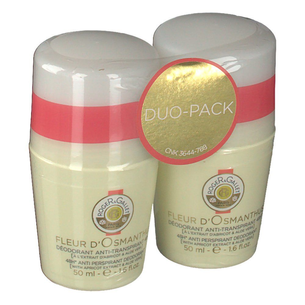 Duo-pack deodorant. Twee roll-on flacons met witte dop, roze band en productlabel. Opschrift: Roger & Gallet Fleur D'Osmanthus.