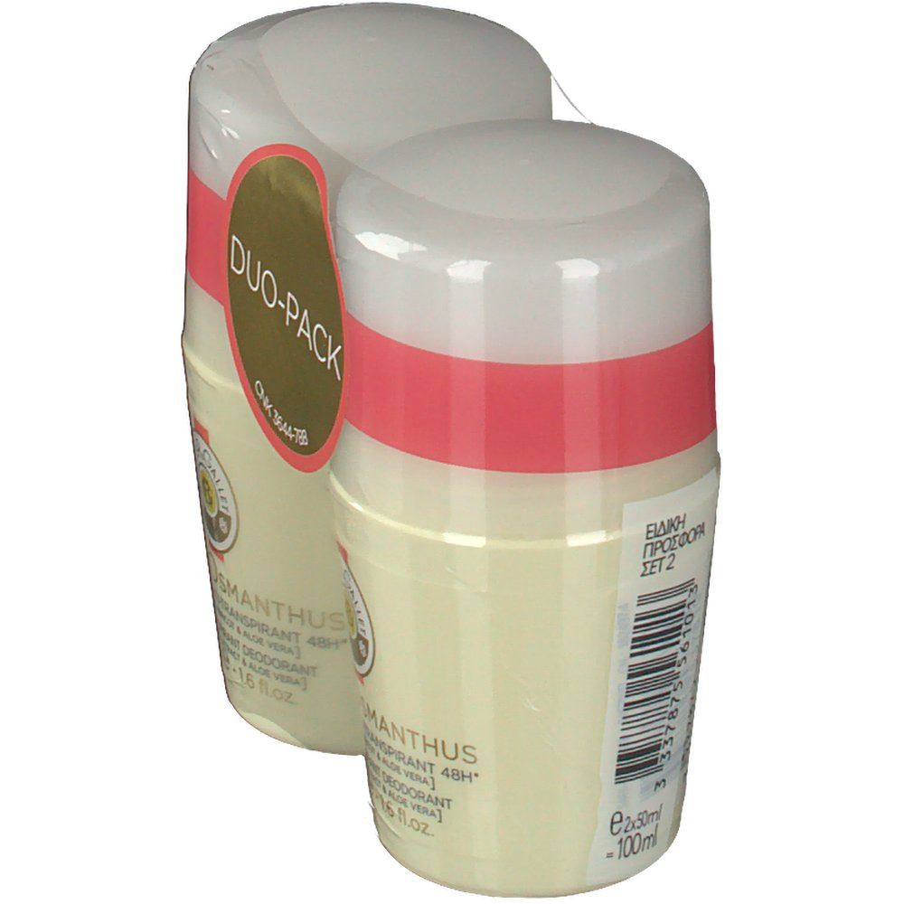 Duo-pack deodorant verpakt. Twee flacons in folie. Opschrift: Roger & Gallet Fleur D'Osmanthus. Label Duo-Pack.