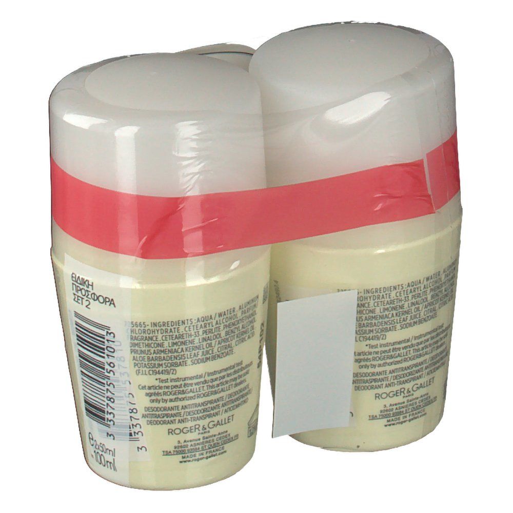 Duo-pack deodorant verpakt. Achterkant met ingrediënten en productinformatie. Opschrift: Roger & Gallet.
