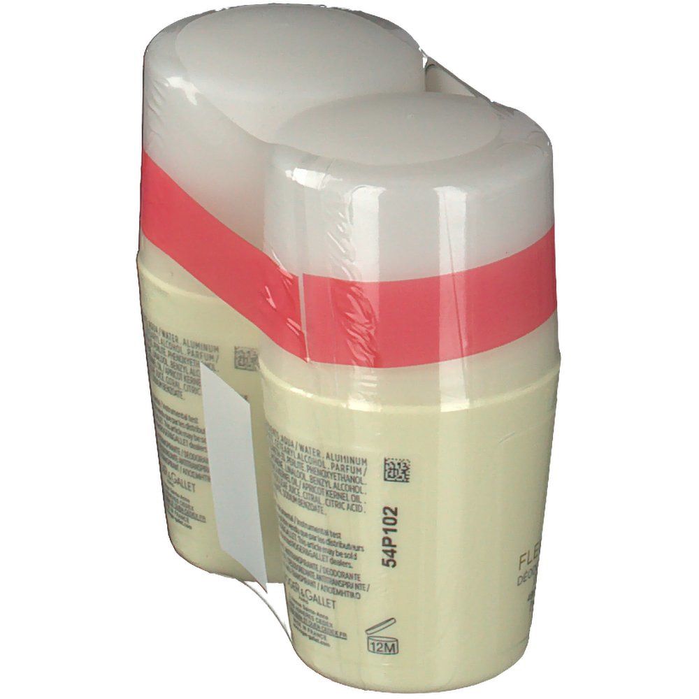 Duo-pack deodorant verpakt. Achterkant met productinformatie. Opschrift: Fleur D'Osmanthus.