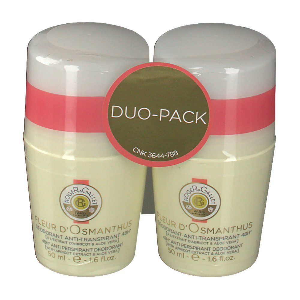Duo-pack deodorant. Twee roll-on flacons met witte dop, roze band en label. Opschrift: Roger & Gallet Fleur D'Osmanthus.