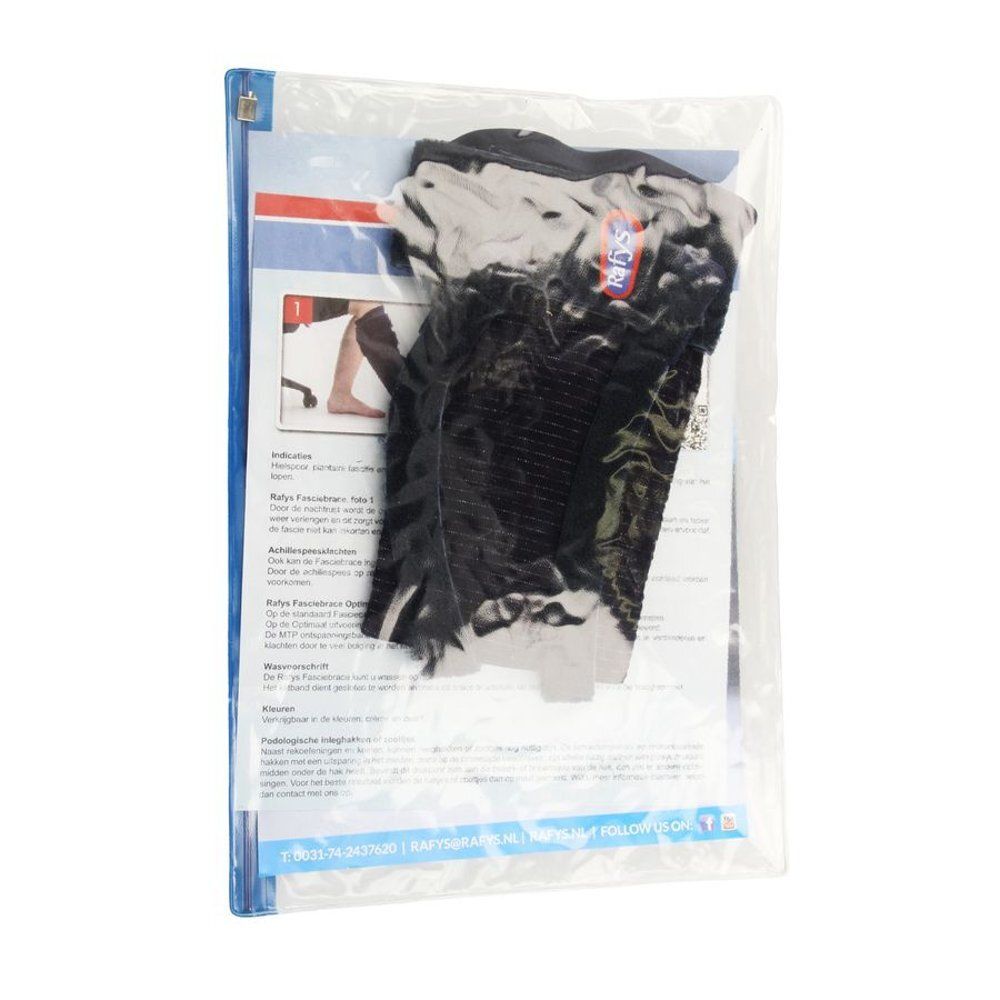 Rafys Plantaire Fascie Brace Type II noir dans un emballage plastique. Comprend des instructions et un logo.