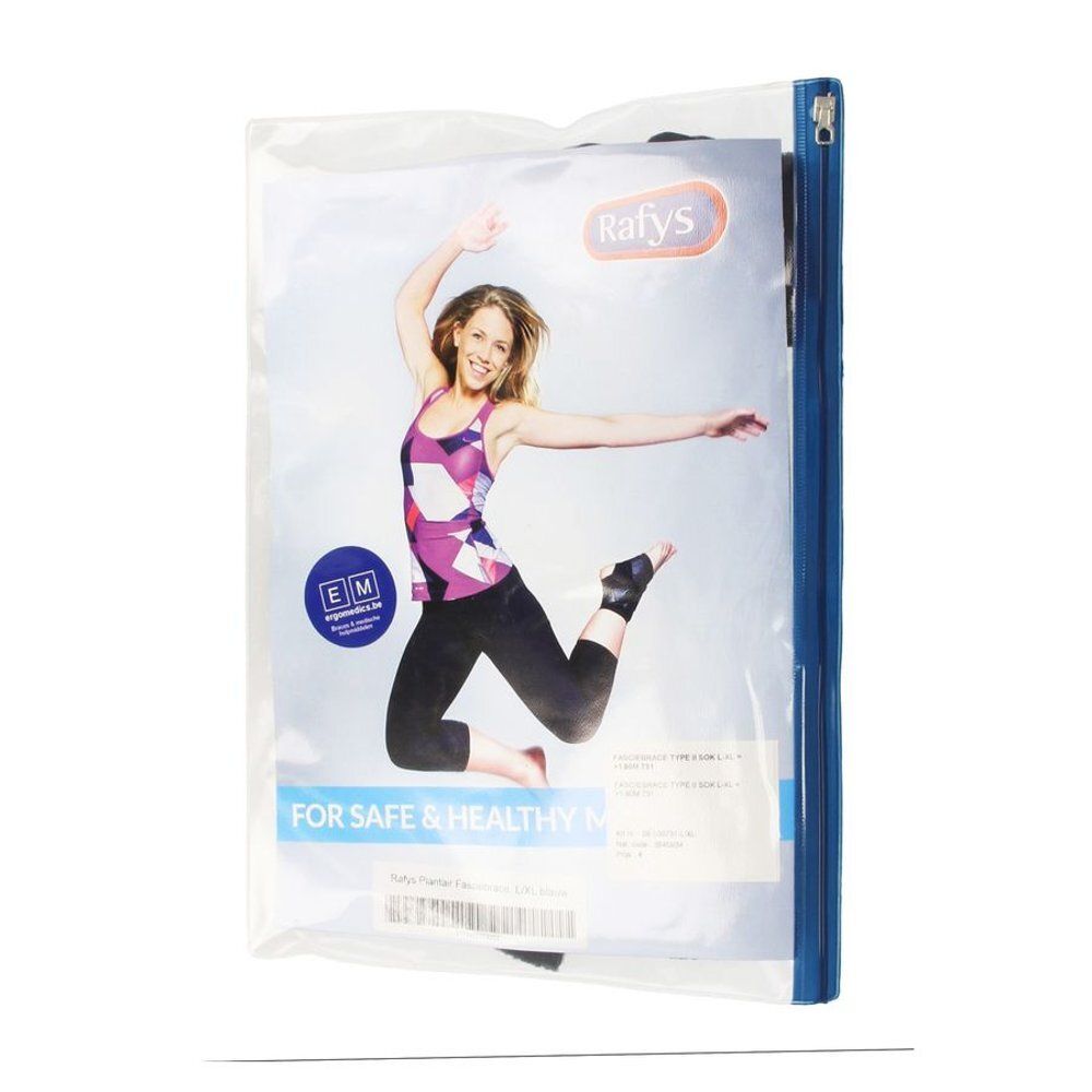 Emballage Rafys. Femme sautant. Sac bleu zippé. Texte: For Safe & Healthy Knees.