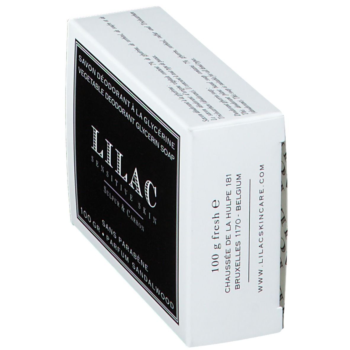 Doos met zwart etiket. Opschrift: LILAC, Sensitive Skin, Sulfur & Carbon. Tekst: Savon Déodorant à la Glycérine. Adres en gewicht.