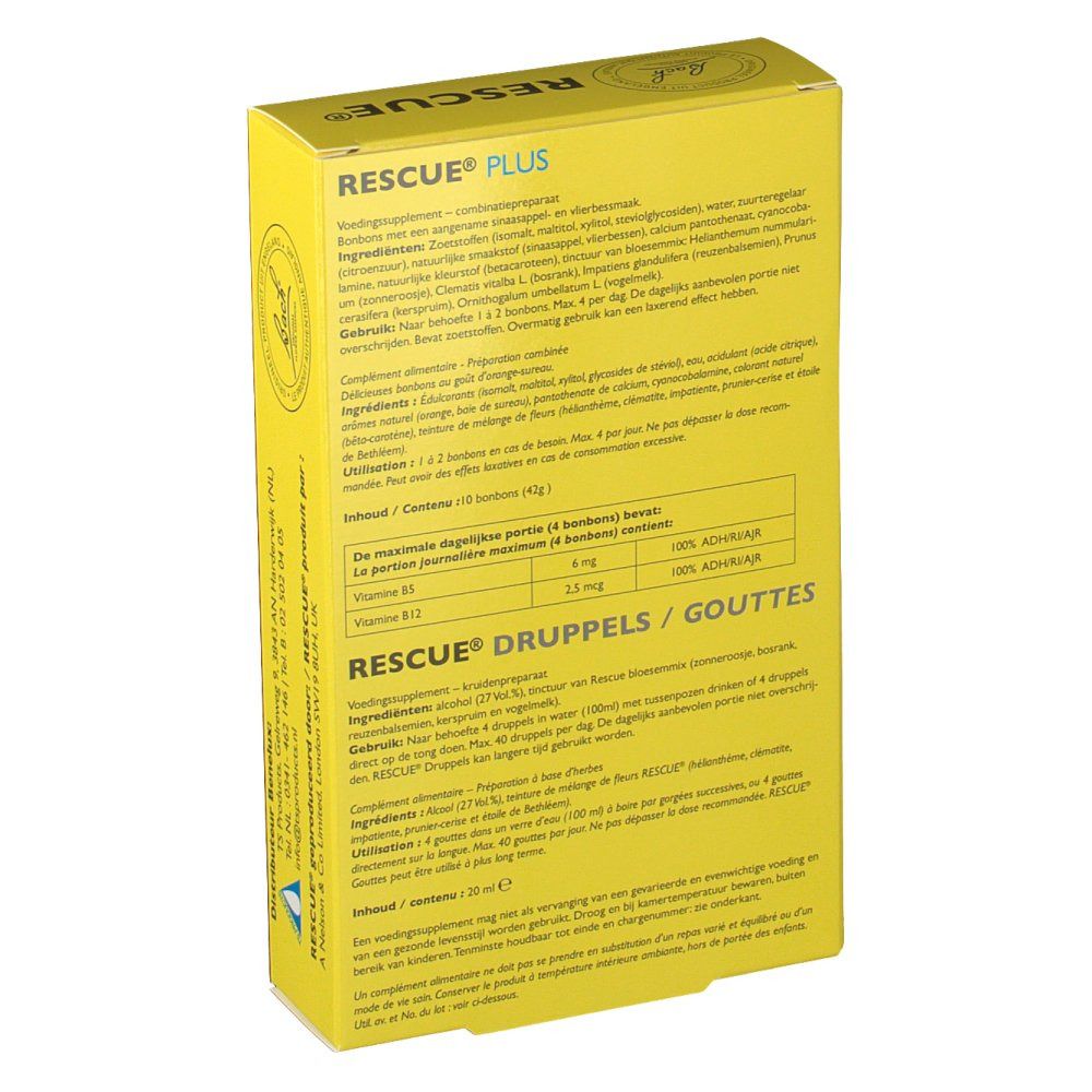 Achterkant van de gele verpakking. Bevat informatie over ingrediënten en voedingswaarden. Opschrift: RESCUE PLUS.