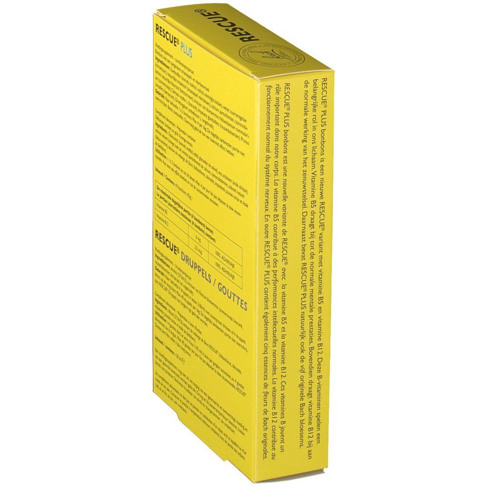 Zijaanzicht van de gele verpakking. Bevat informatie over ingrediënten en voedingswaarden. Opschrift: RESCUE PLUS.