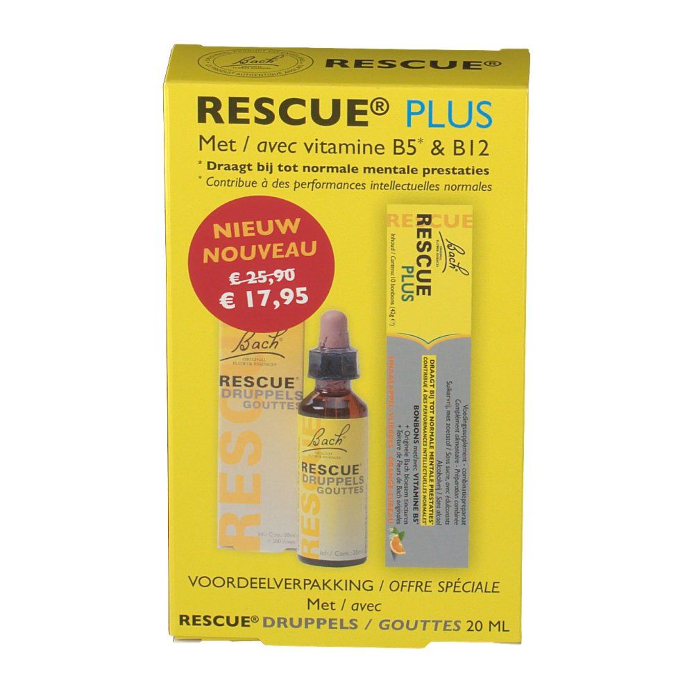 Gele verpakking met product. Bevat druppels en snoepjes. Opschrift: RESCUE PLUS, Bach.