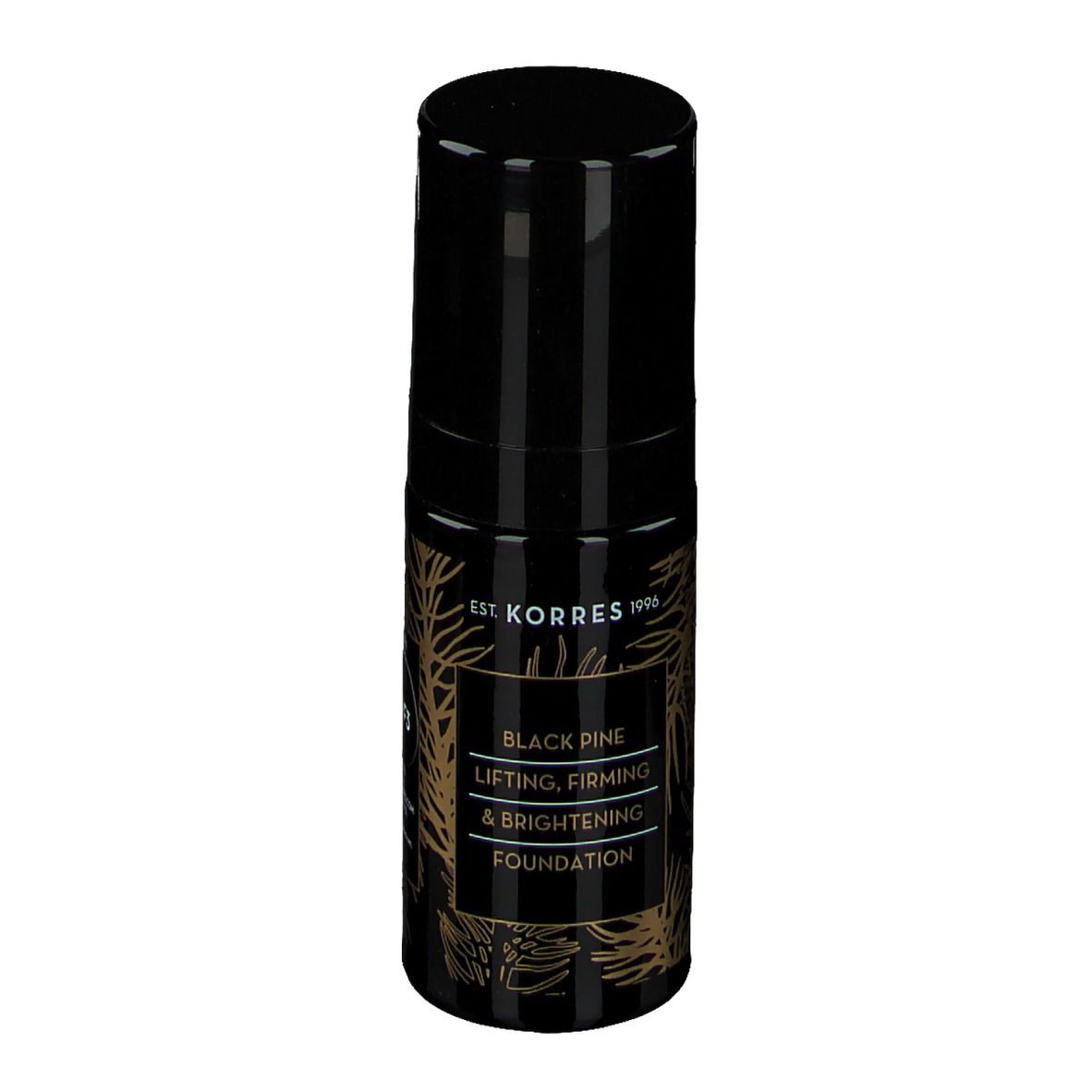 Fond de teint Korres Black Pine. Flacon cylindrique noir avec bouchon noir. Étiquette dorée.