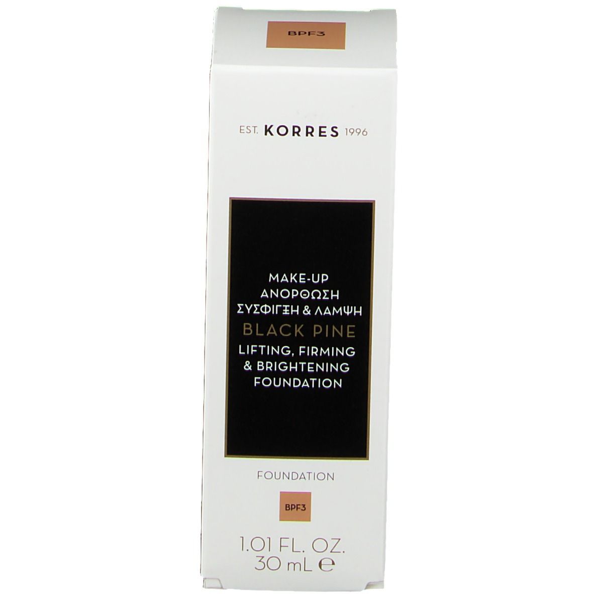 Emballage du fond de teint Korres Black Pine. Boîte blanche avec nom du produit et BPF3. Texte: Foundation, 1.01 FL. OZ. 30 mL.