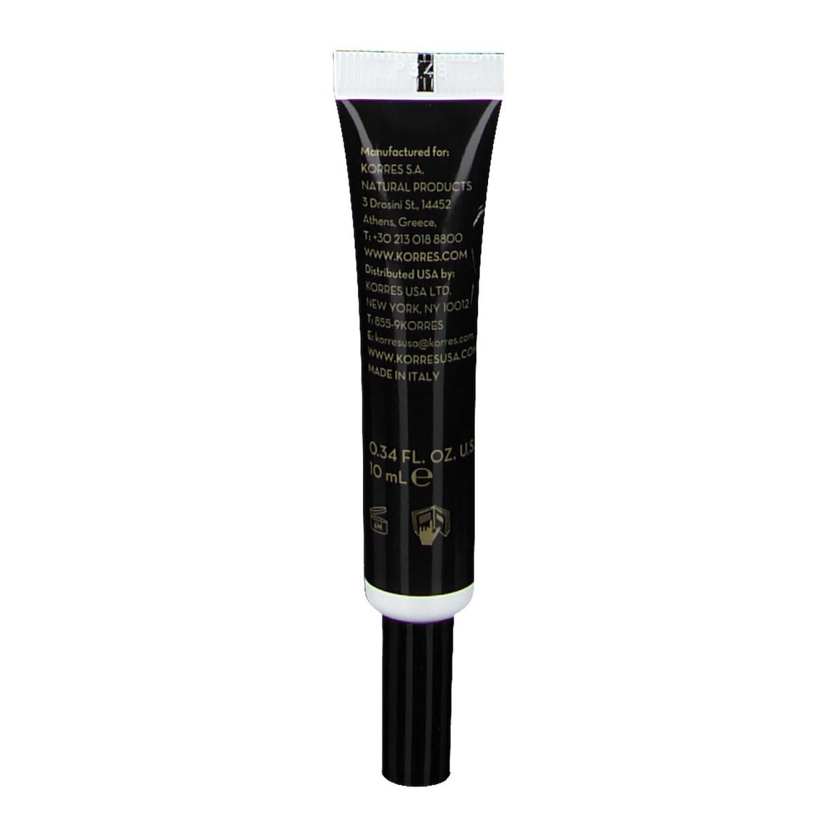 Achterkant van de Korres Black Pine Concealer tube. Zwarte tube met witte dop. Opschrift: Korres, ingrediënten, Made in Italy.