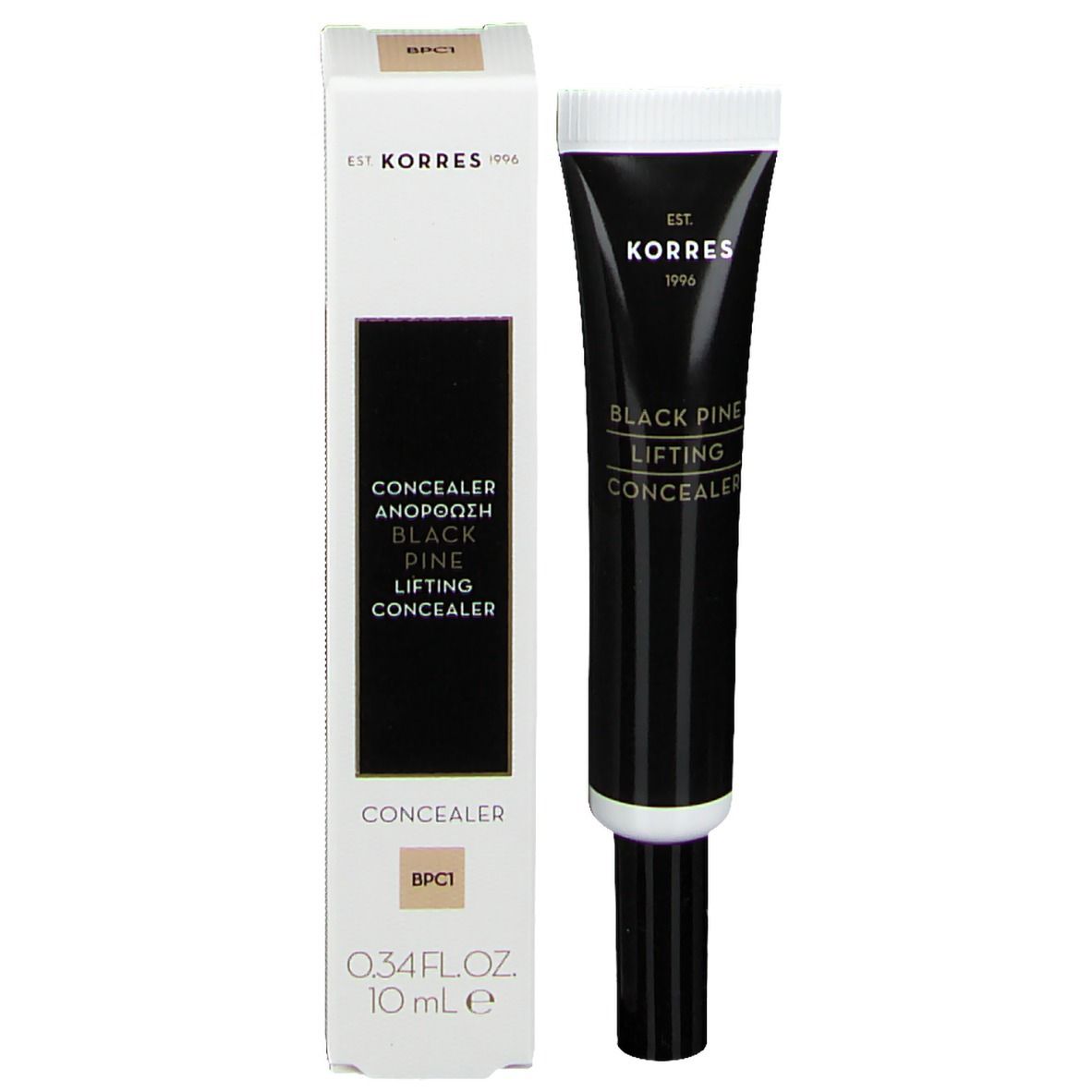 Korres Black Pine Lifting Concealer en verpakking. Witte doos en zwarte tube. Opschrift: Korres, Black Pine, Concealer.