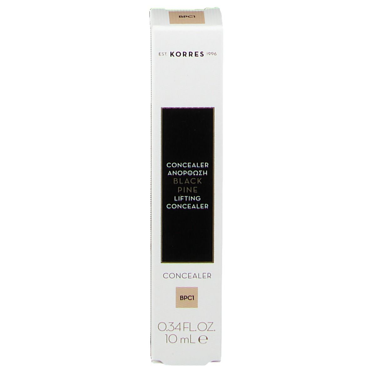 Verpakking van de Korres Black Pine concealer. Witte doos. Opschrift: Korres, Black Pine, Concealer, tint BP01.