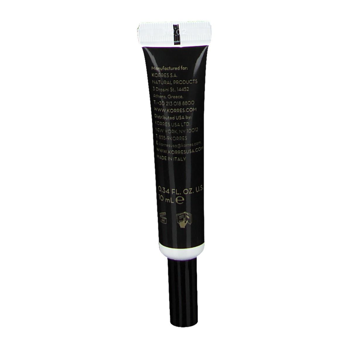 Achterkant van de Korres Black Pine concealer tube. Fabrikantinformatie en ingrediënten.