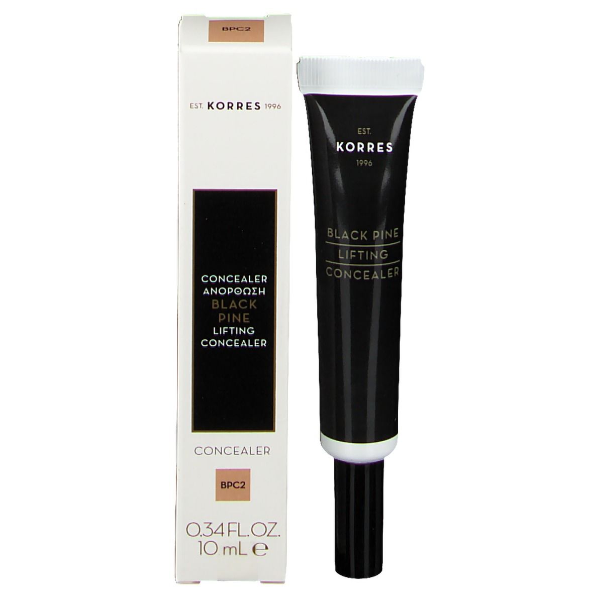 Korres Black Pine Lifting Concealer en verpakking. Zwarte tube, witte tekst. Tint BPC2. 10 ml.