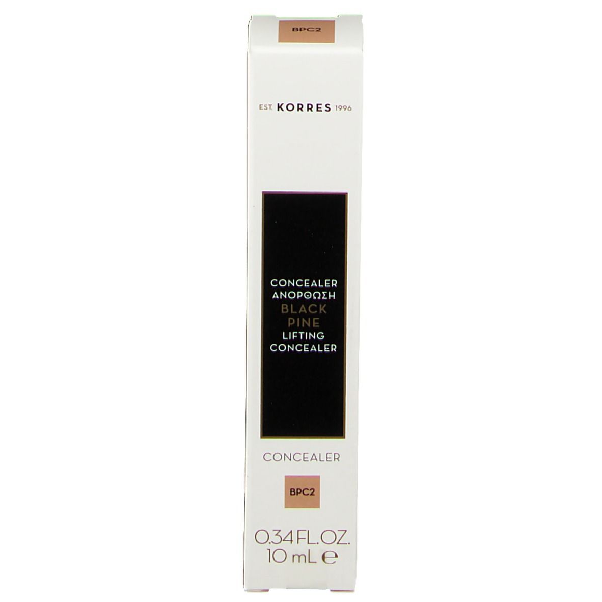 Korres Black Pine concealer verpakking. Wit met zwarte tekst. Tint BPC2. 10 ml.