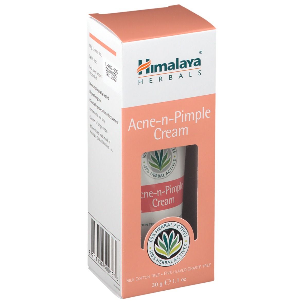 Emballage de la crème Himalaya Anti-acné et Anti-imperfections. Visible : nom du produit, logo et tube visible à travers une fenêtre.