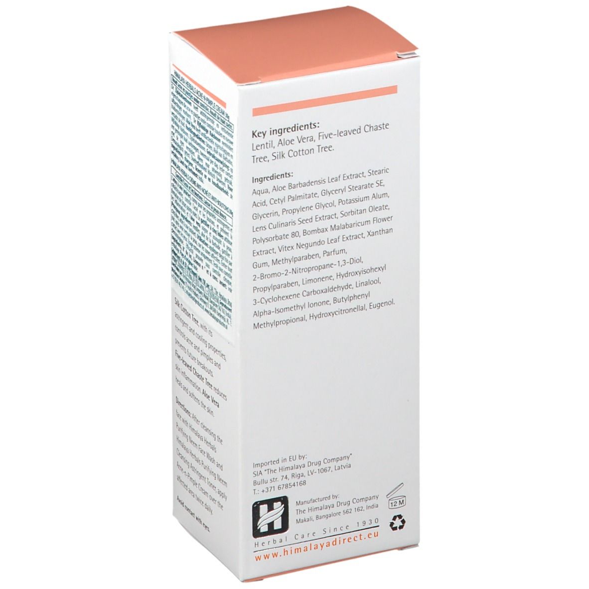 Dos de l'emballage de la crème Himalaya Anti-acné et Anti-imperfections. Texte avec ingrédients et informations du fabricant.