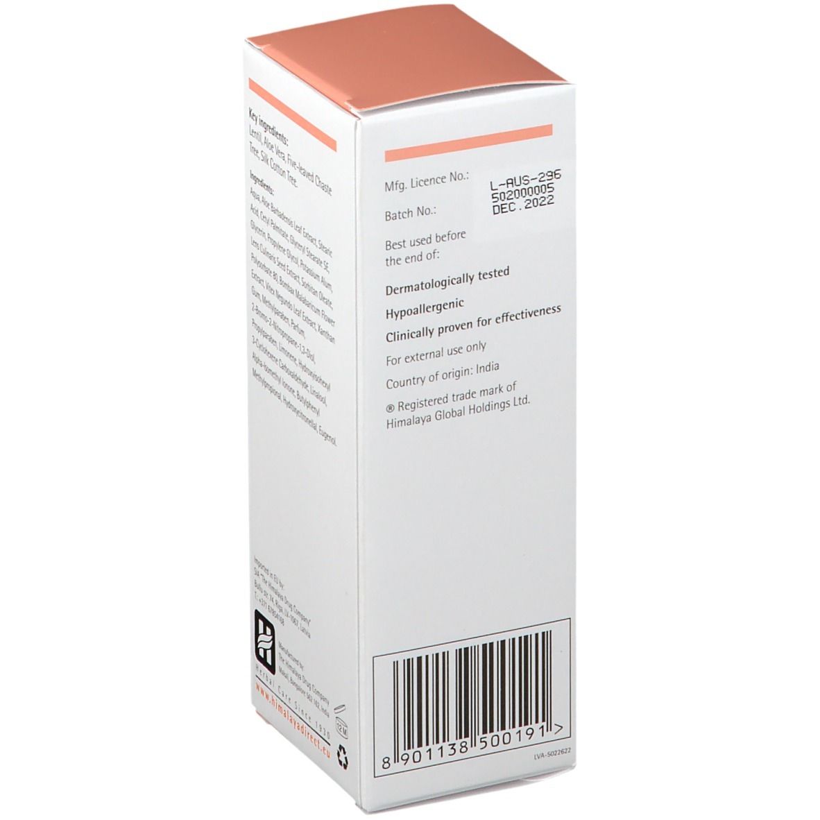 Dos de l'emballage de la crème Himalaya Anti-acné et Anti-imperfections. Texte avec informations sur la durabilité et l'origine.