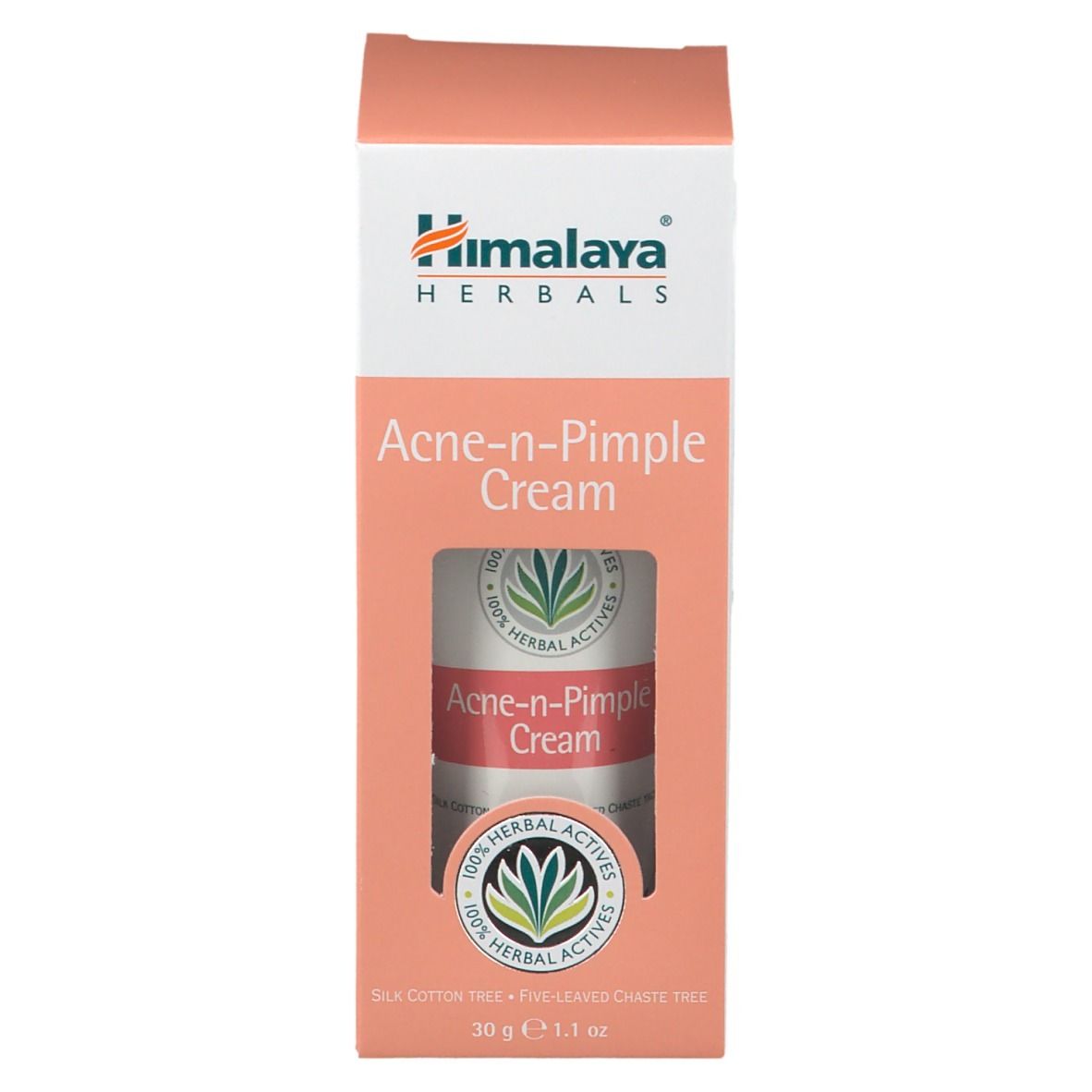 Emballage de la crème Himalaya Anti-acné et Anti-imperfections. Visible : nom du produit, logo et tube visible à travers une fenêtre.