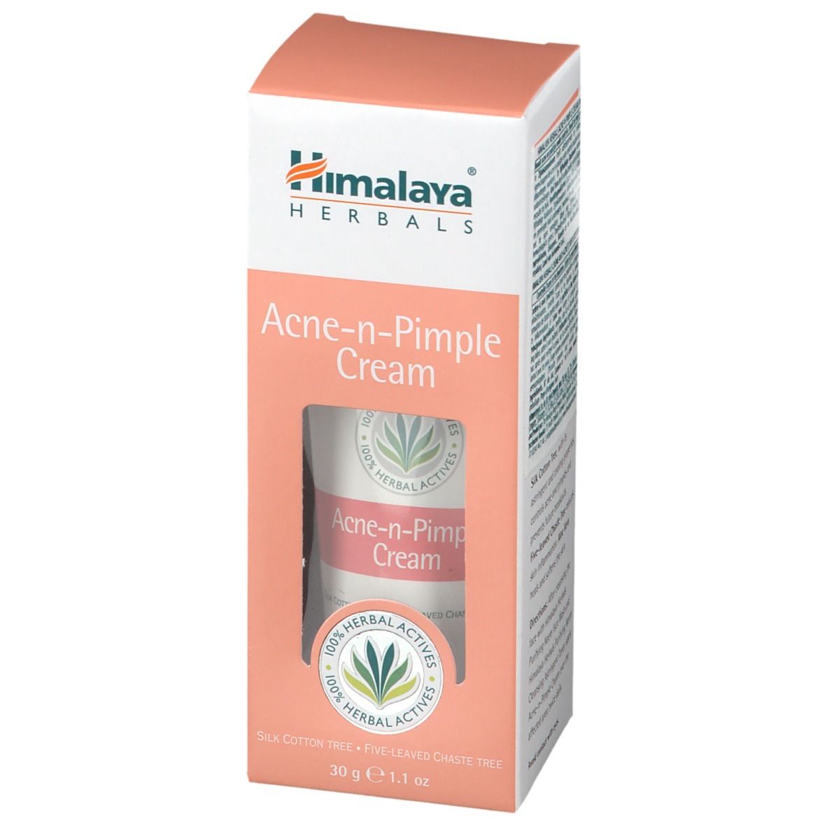 Emballage de la crème Himalaya Anti-acné et Anti-imperfections. Visible : nom du produit, logo et tube visible à travers une fenêtre.