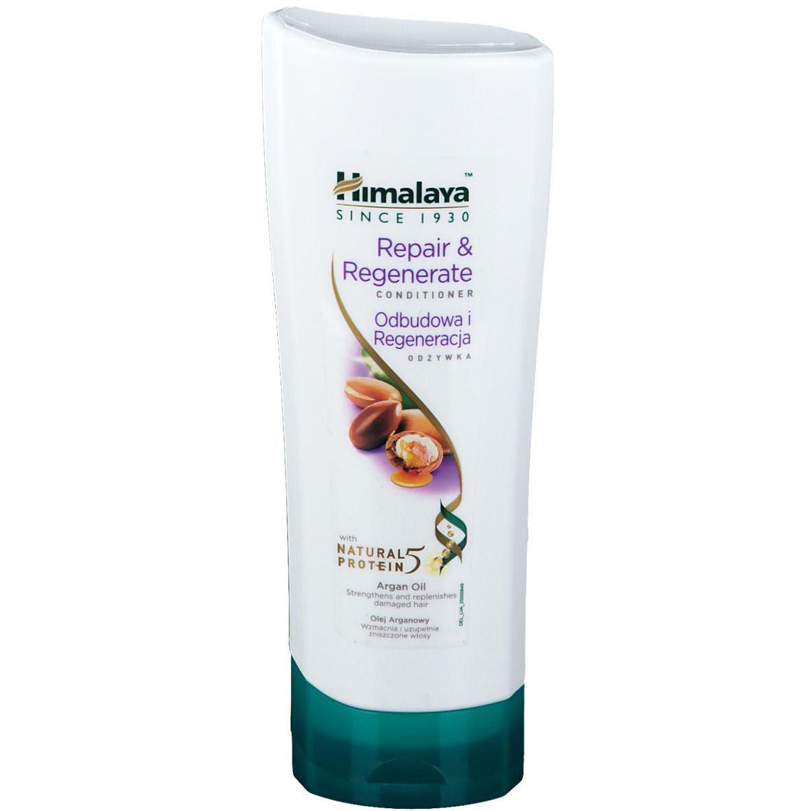 Witte en groene tube met tekst. Himalaya, Repair & Regenerate Conditioner, arganolie. Illustratie van arganvruchten.